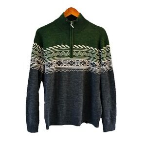 Neve Nordic Fair Isle Sweater Mens Size L Green Gray Merino Wool 1/4 Zip Ski